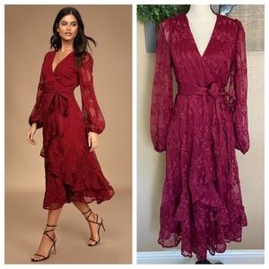 Lulus Spectacular Feeling Burgundy Embroidered Faux Wrap Midi Dress
